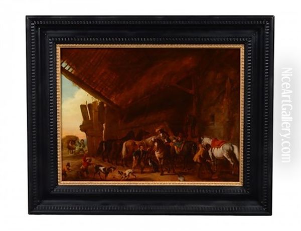 Stable Scene With Figures, Horses And Dogs - view 1