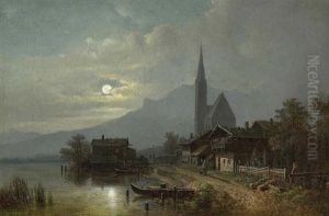 Gebirgsdorf An Einem See Bei Mondschein (egern Am Tegernsee?) by Heinrich Buerkel
