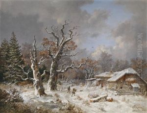 Winterlandschaft Mit Forsthaus Und Wilderern Mit Beute by Heinrich Buerkel
