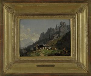 Auf Der Alm - Sennerin Mit Kuhherde Neben Der Berghutte Und Blick Ins Hochgebirge by Heinrich Buerkel