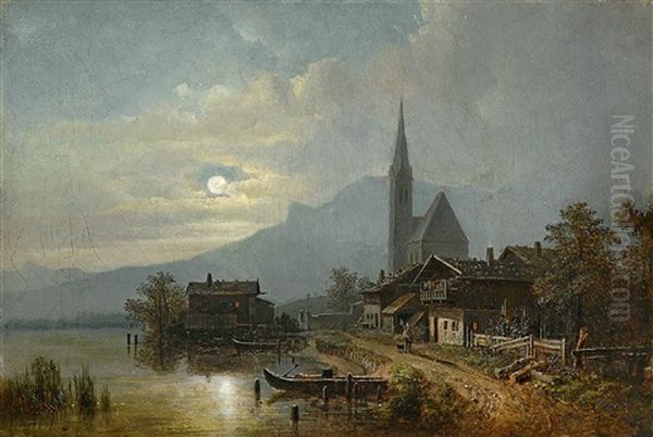 Gebirgsdorf An Einem See Bei Mondschein - view 1