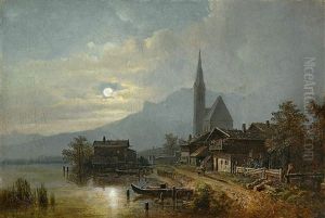 Gebirgsdorf An Einem See Bei Mondschein