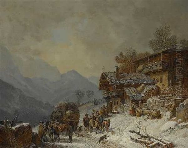 Winterlicher Bauernhof Mit Fuhrwagen Und Einer Gruppe Von Bauern Mit Schneeschaufeln - view 1