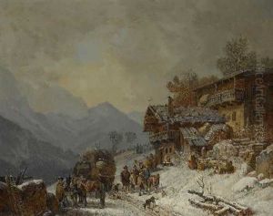 Winterlicher Bauernhof Mit Fuhrwagen Und Einer Gruppe Von Bauern Mit Schneeschaufeln by Heinrich Buerkel