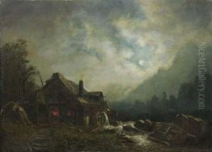 Nachtliche Gebirgslandschaft Mit Schmiede Am Bach