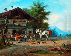 Postreiter In Lustiger Runde Vor Einem Wirtshaus, Daneben Zwei Packpferde Postreiter In Lustiger Runde Vor Einem Wirtshaus, Daneben Zwei Packpferde
