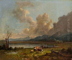 Kuhhirte Mit Seiner Herde In Vorgebirgslandschaft Bei Aufziehendem Gewitter