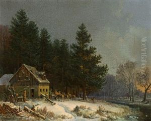 Forsthaus Im Verschneiten Wald, Davor Der Forster Bei Der Wildfutterung by Heinrich Buerkel