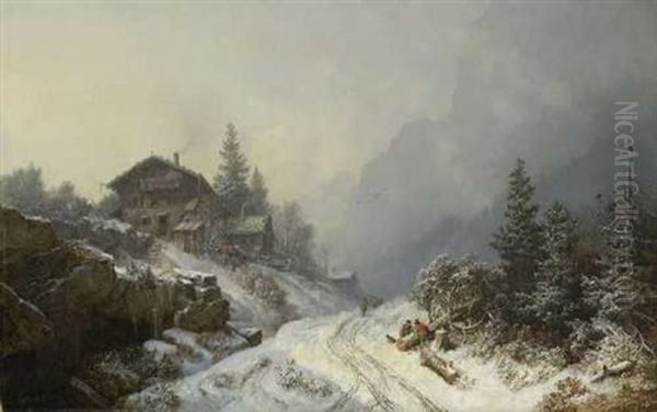 Winterlicher Bauernhof Mit Holzfallern - view 1