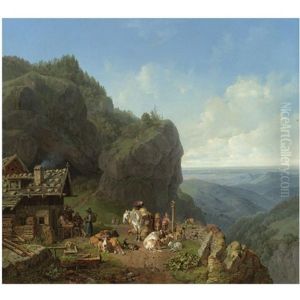 Wirtshaus Auf Der Alm Mit Alpzug by Heinrich Buerkel