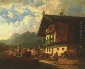Oberbayerische Gebirgslandschaft Mit Malerischem Gehoft, Heimkehrender Viehherde Und Postillon Zu Pferd