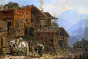 Bauer Mit Lasttieren An Der Tranke Vor Einer Almim Hochgebirge