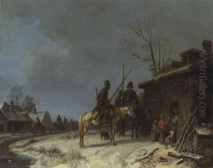 Kosaken In Einem Winterlichen Dorf by Heinrich Buerkel