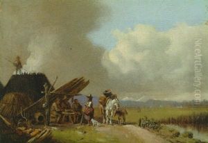 Voralpenlandschaft Mit Kohlern Bei Einem Unterstand Im Gesprach Mit Einer Bauerin by Heinrich Buerkel