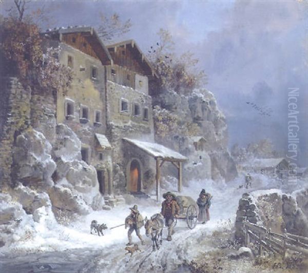Wanderer Mit Eselskarren In Winterlandschaft - view 1