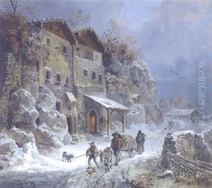 Wanderer Mit Eselskarren In Winterlandschaft