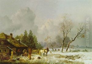 Winterlandschaft Mit Heimkehrenden Jagern by Heinrich Buerkel