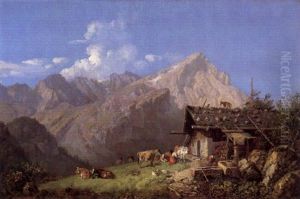 Alm Mit Einer Sennerin Beim Melken by Heinrich Buerkel