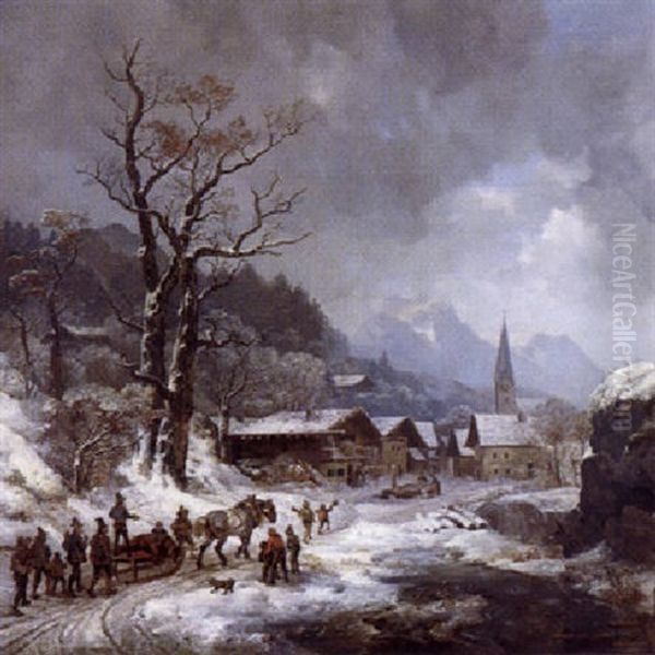 Heimkehr Von Der Barenjagd In Ein Winterliches Dorf - view 1
