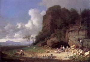 Steinbruch Mit Steinmetzen, Die Muhlsteine Bearbeiten by Heinrich Buerkel