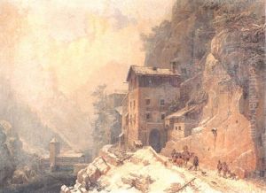 A Travelling Circus On A Mountain Pass, Winter by Heinrich Buerkel