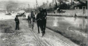 Horses Towing A Barge In A Canal Landscape by Leopoldo Burlando