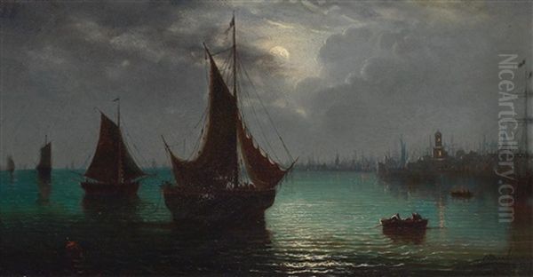 Fishing Boats Set Against The Silhouette Of A City At Night - view 1