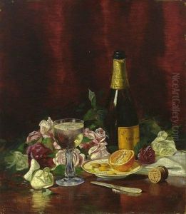 Stilleben Mit Champagnerflasche, Blumen, Orange Und Kelchglas by Charles Albert Burlingame