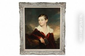 Portrait Of Young Boy In Red Velvet Jacket Holding A Book