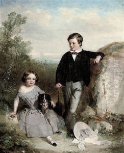 Portrait Of A Brother And Sister With Their Dog In A Landscape by Clement Burlison