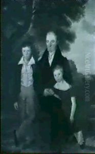 A Group Portrait Of Gerard Callaghan And His Two Children, Full Length, He Seated Beneath A Tree... by Clement Burlison