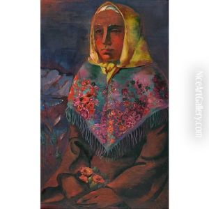 Bauerin Mit Kopftuch Und Blumen by Fritz Burmann