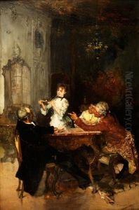 Drei Herren Mit Junger Dame Die Meerschaumpfeife Anzundend by Paul Burmeister