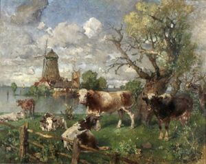 Kustenlandschaft Mit Windmuhle Und Weidenden Kuhen by Paul Burmeister
