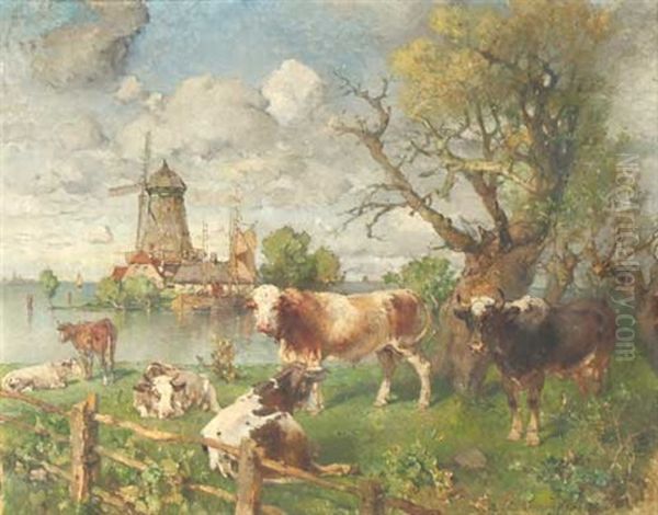 Fluslandschaft Mit Windmuhle Und Weidenden Kuhen - view 1
