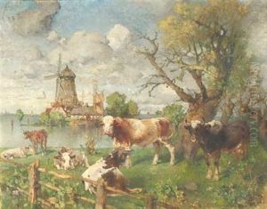 Fluslandschaft Mit Windmuhle Und Weidenden Kuhen by Paul Burmeister