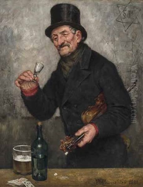 Mann Mit Zylinder Und Violine Unter Dem Arm Halt Lachend Ein Schnapsglas In Der Hand Und Ein Volles Bierglas Nebst Branntweinflasche Auf Dem Tisch - view 1