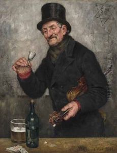 Mann Mit Zylinder Und Violine Unter Dem Arm Halt Lachend Ein Schnapsglas In Der Hand Und Ein Volles Bierglas Nebst Branntweinflasche Auf Dem Tisch