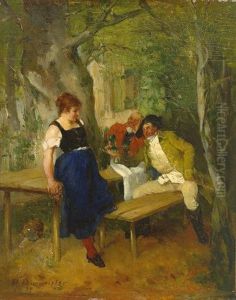 Zwei Weinselige Zecher Und Schanktochter In Einer Gartenwirtschaft by Paul Burmeister