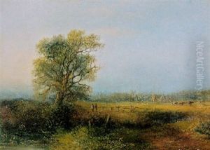 Two Figures Watching Kangaroos In An Extensive Landscape