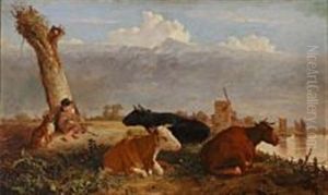 Resting Cattle And A Sleeping Shepherd Boy On A River Bank