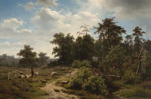 A Wooded Landscape With A Shepherd And His Flock by Richard Burnier