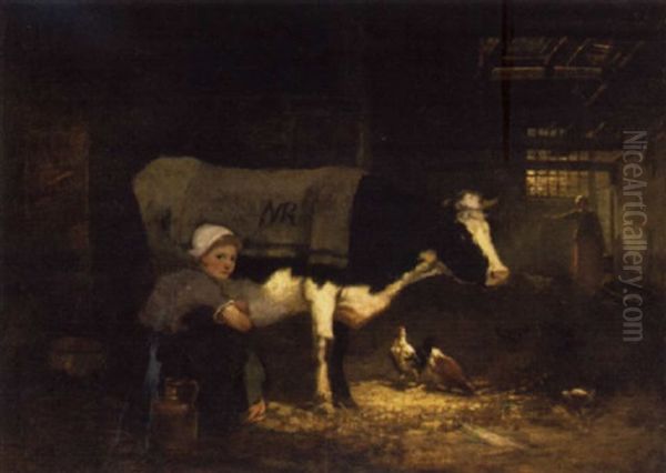 Stallinterieur Mit Melkendem Bauernmadchen - view 1