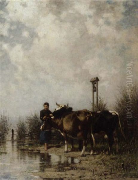 A Peasant Girl With Cows By The Water - view 1