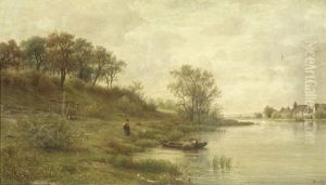 Mainufer Unter Bewolktem Himmel, Im Hintergrund Blick Auf Frankfurt Am Main