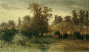 Baumbestandene Landschaft Mit Heuwagen In Der Umgebung Von Frankfurt/main