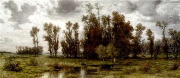 Flusslandschaft Mit Kuhen Am Rande Eines Birkenwaldchens - view 1