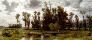 Flusslandschaft Mit Kuhen Am Rande Eines Birkenwaldchens