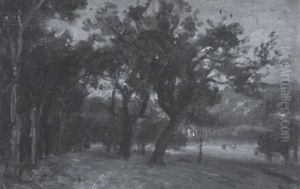 Eichenwald Mit Zwei Machtigen Baumen Im Vordergrund Mit Blick Auf Weide Und Waldlandschaft by Karl Peter Burnitz