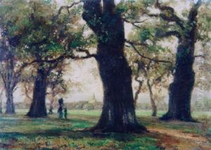 Waldlandschaft Mit Figurenstaffage Und Blick Auf Ein Dorf by Karl Peter Burnitz